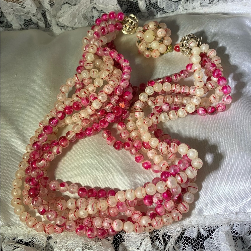 Pink and Cream Multi-Strand Beaded Necklace Vintage Hong Kong